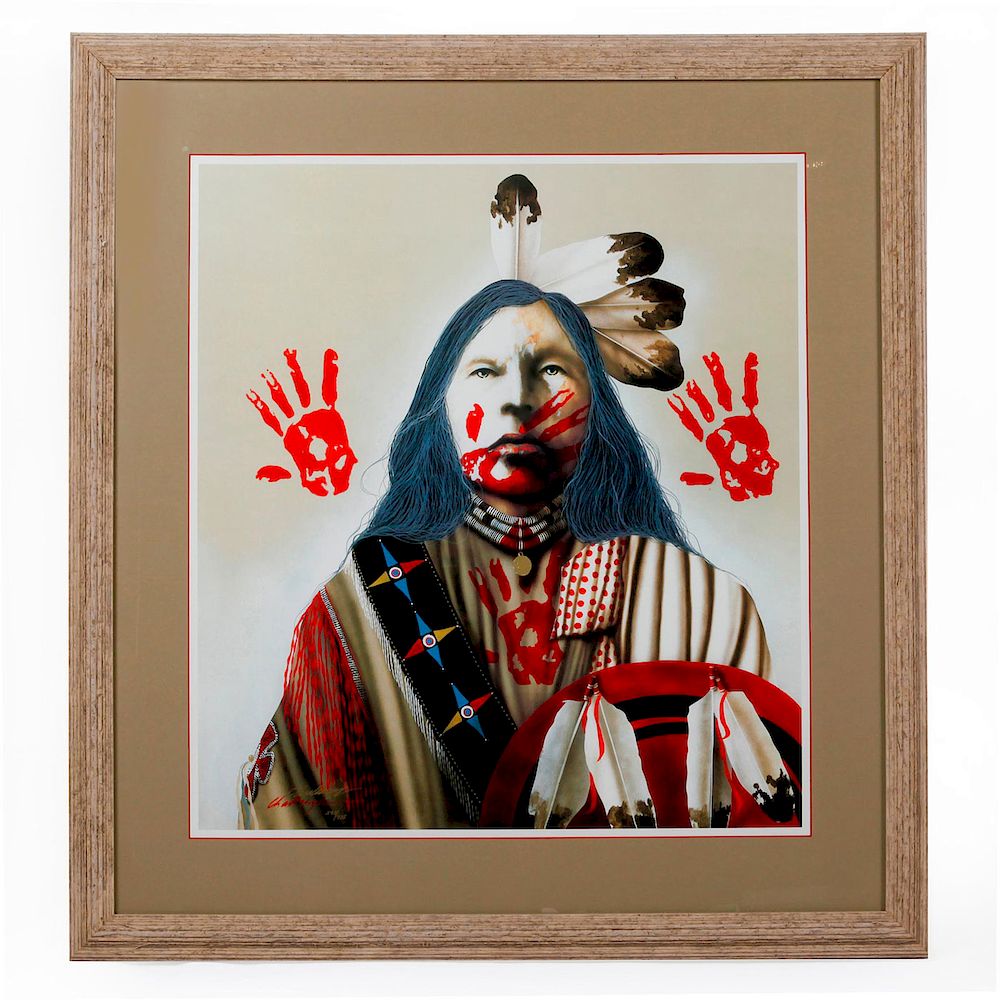 Appraisal: NATIVE AMERICAN TRIBAL FRAMED SIGNED ART PRINT POSTER Signed and