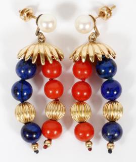 Appraisal: LAPIS LAZULI CORAL PEARL DANGLE EARRINGS PAIR LAPIS LAZULI CORAL