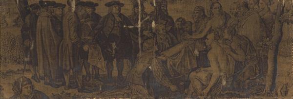 Appraisal: AMERICAN TAPESTRY Fragment depicting Penn s Treaty with the Native