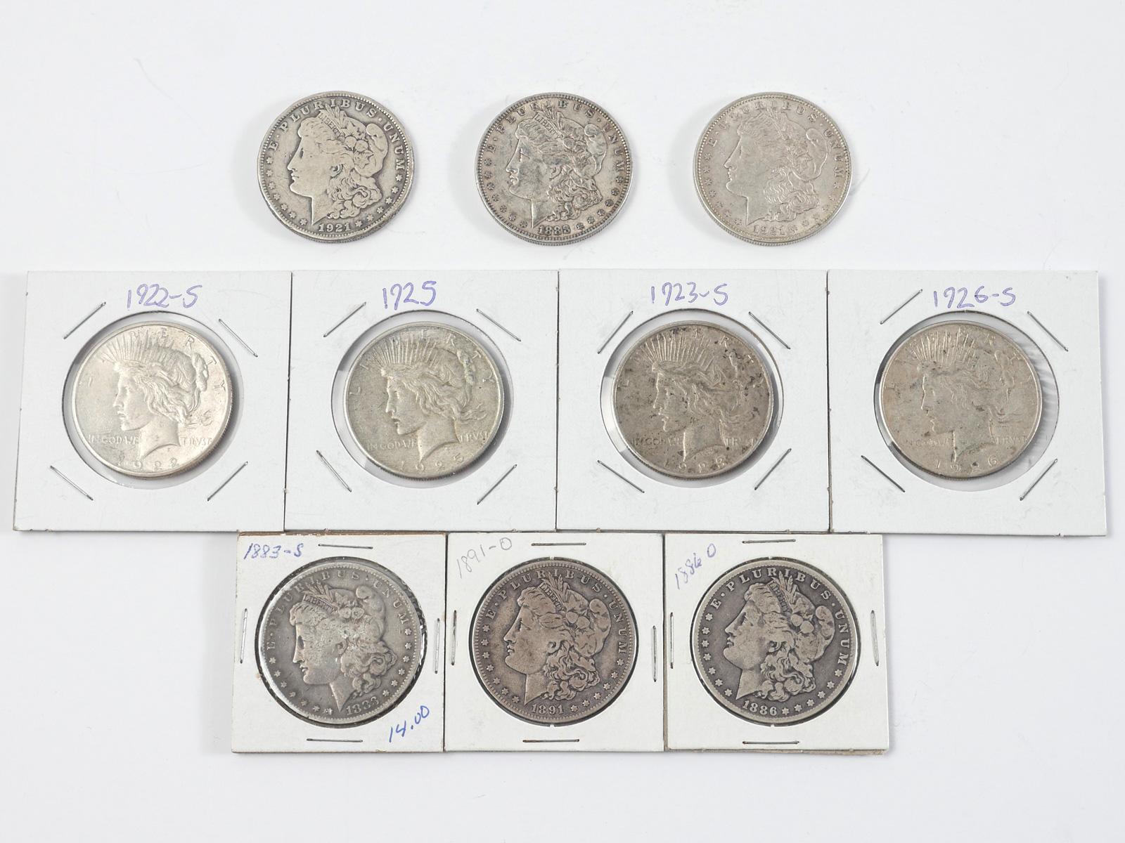 Appraisal: PC MORGAN PEACE SILVER DOLLARS - Sleeved - loose D