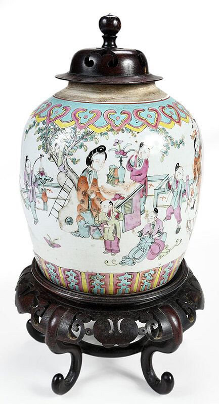 Appraisal: Chinese Famille Rose Boys Covered Jar with Stand early th