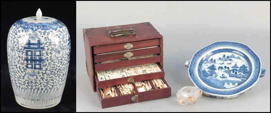 Appraisal: CARVED BONE MAHJONG SET Together with a Chinese blue and