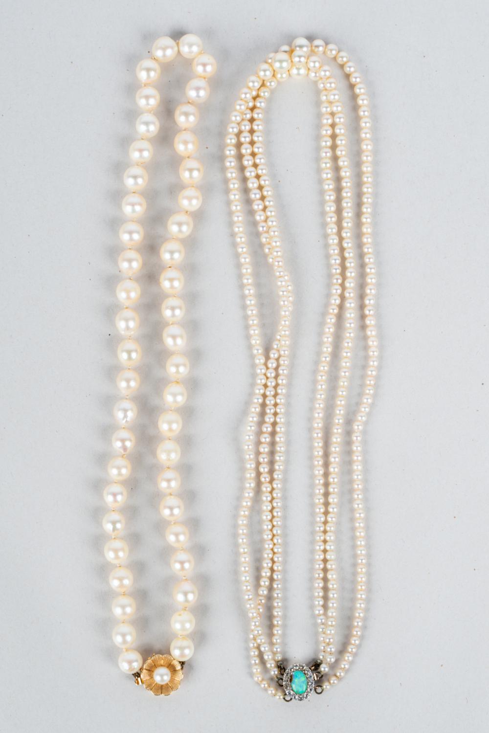 Appraisal: TWO ASSORTED KARAT GOLD PEARL NECKLACEScomprising one triple strand necklace