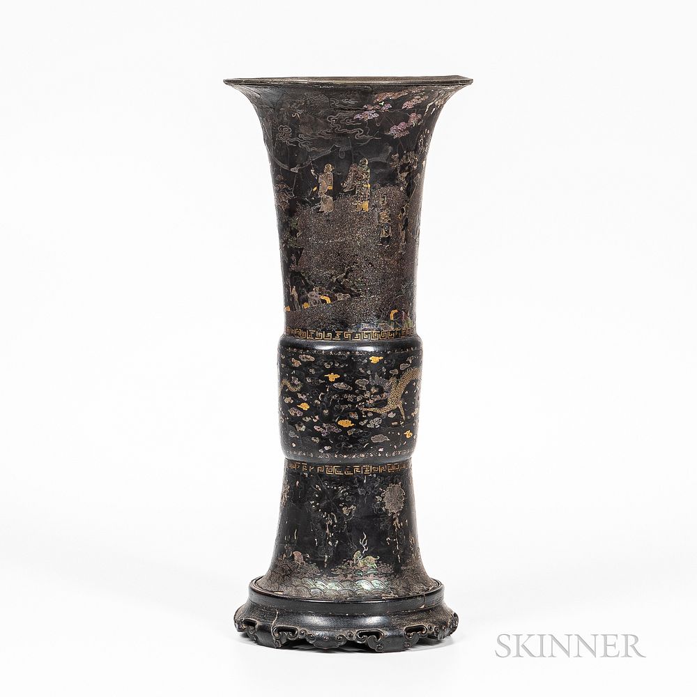 Appraisal: Lacquered Bronze and Mother-of-pearl Gu Vase Lacquered Bronze and Mother-of-pearl