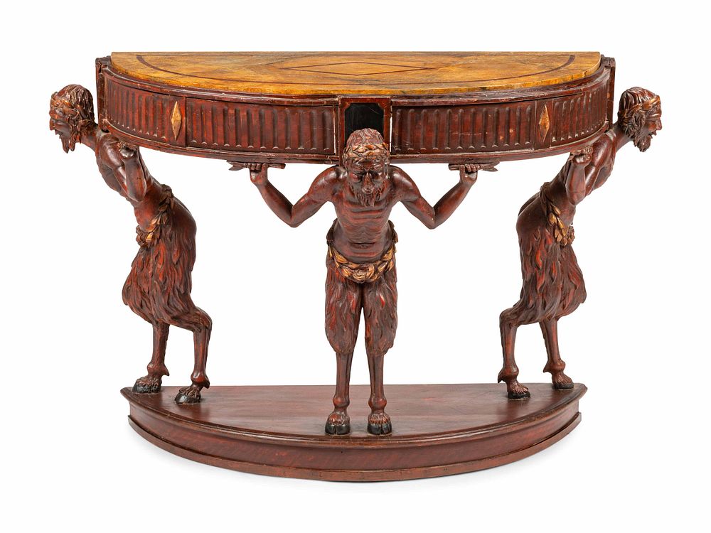 Appraisal: An Italian Painted Console Table with Satyr Supports An Italian