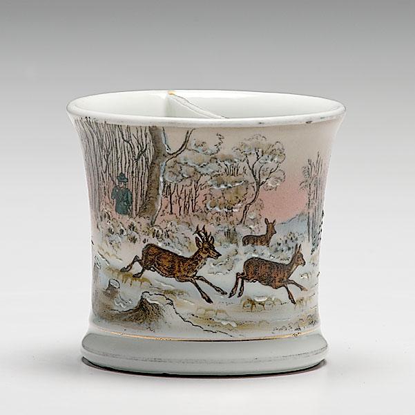 Appraisal: OUTSTANDING HUNTER'S OCCUPATIONAL SHAVING MUG porcelain with polychrome painted scene