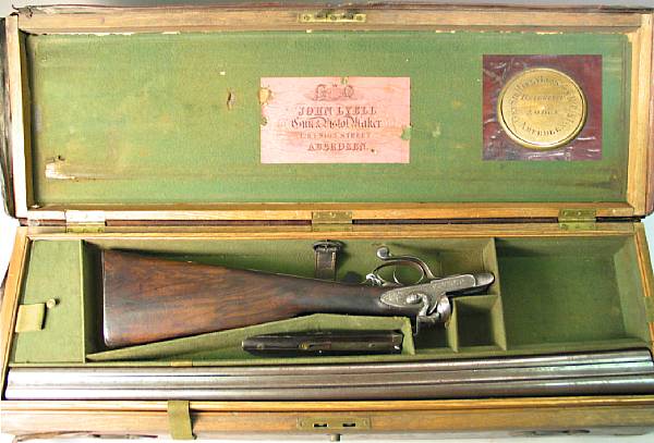 Appraisal: A cased gauge Scottish underlever hammer gun by John Lyellowned