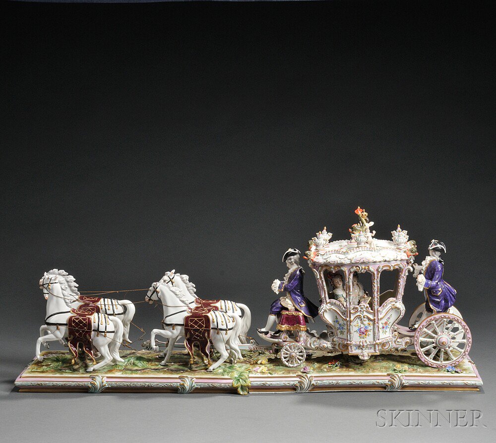 Appraisal: Porcelain Horse-drawn Carriage Germany early th century polychrome enameled and