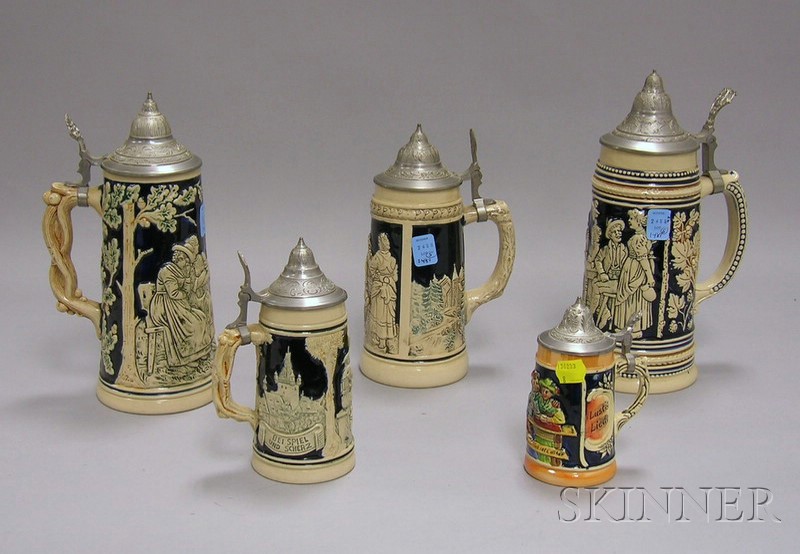 Appraisal: Five Contemporary Pewter Lidded Pottery Steins four impressed West Germany