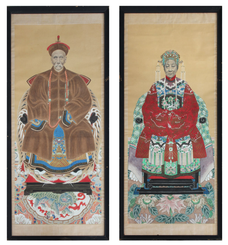 Appraisal: PAIR OF ORIENTAL ANCESTRAL PORTRAIT PAINTINGS Watercolors on paper Male