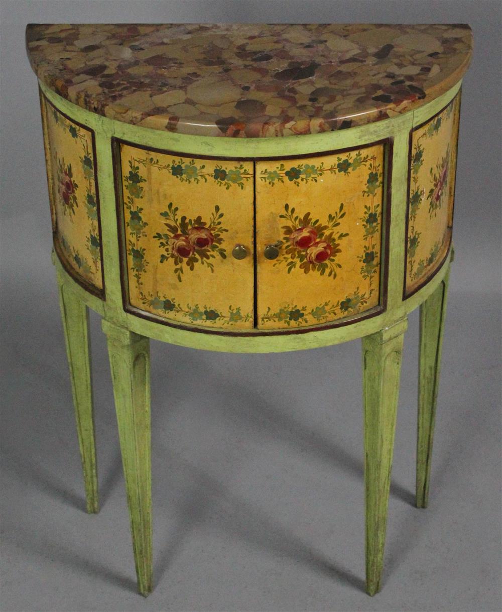 Appraisal: LOUIS XV STYLE DEMILUNE POLYCHROME TABLE WITH BRECHE D'ALEP MARBLE