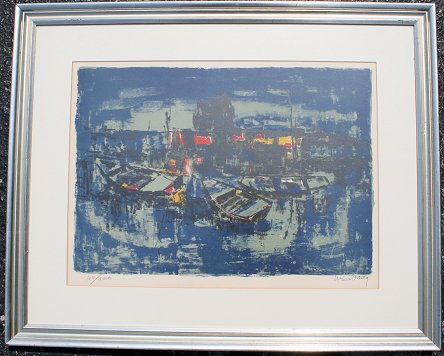 Appraisal: LEBADANG Vietnam - ''Blue Boats '' Abstract Composition Lithograph sight