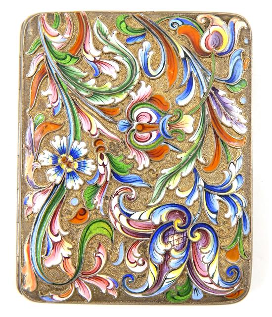 Appraisal: RUSSIAN SILVER Russian shaded enamel cigarette case polychrome floral design