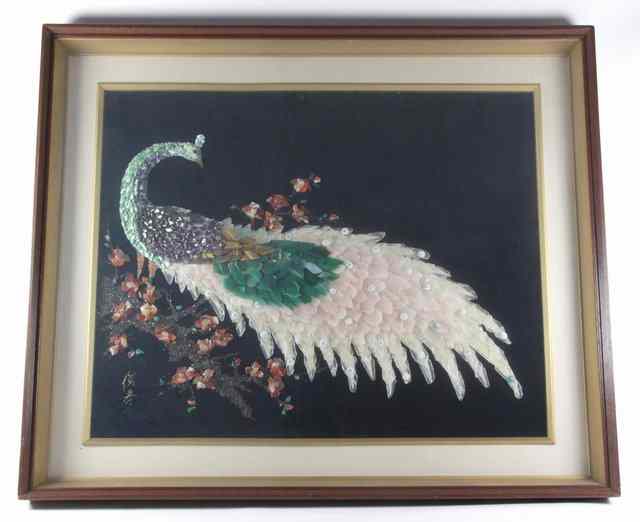 Appraisal: A large framed Chinese crystal collage of peacock cm x