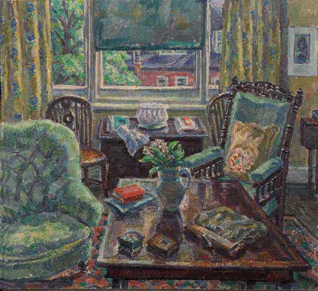 Appraisal: Mary Godwin British - Interior with lilacs in a jug