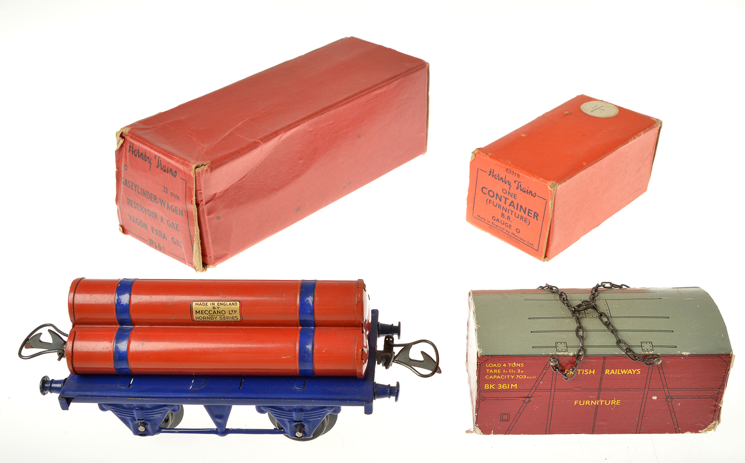 Appraisal: X BOXED HORNBY O GAUGE MODELS INCLUDING A GAS CYLINDER