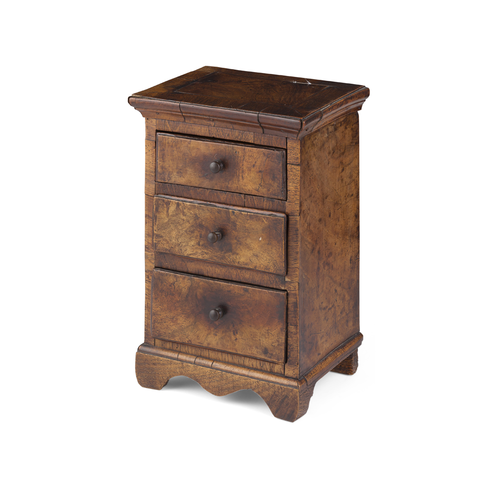 Appraisal: MINIATURE WALNUT AND OAK TALLBOY with three drawers above a