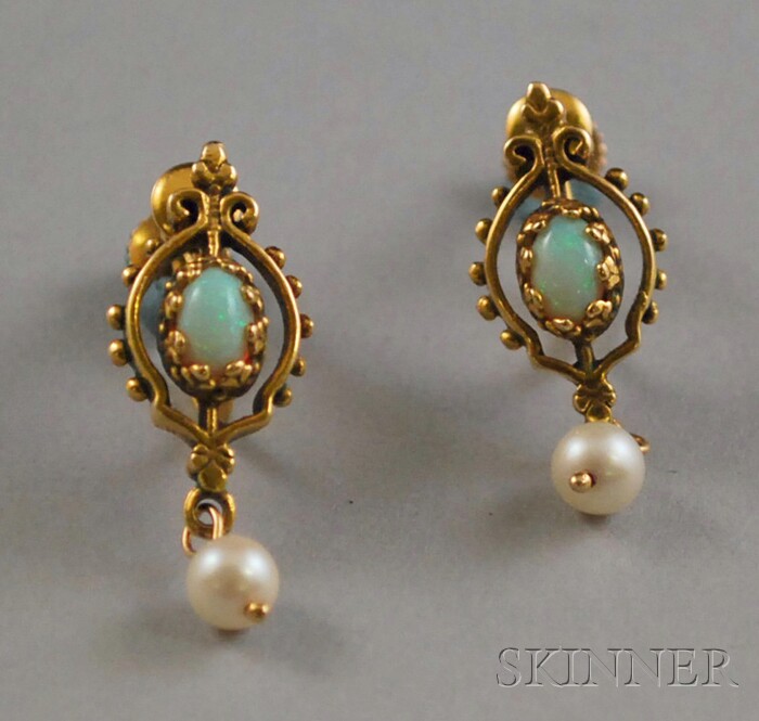 Appraisal: Pair of Victorian kt Gold Opal and Pearl Earrings total