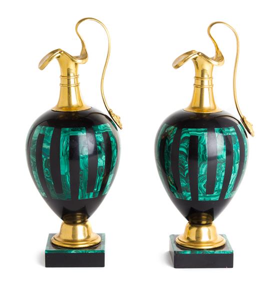 Appraisal: Sale Lot A Pair of Gilt Bronze and Malachite Ewers