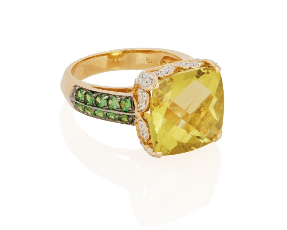 Appraisal: A LEMON QUARTZ TSAVORITE AND DIAMOND RINGA lemon quartz tsavorite