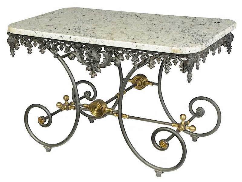 Appraisal: French Victorian Style Granite Top Baker's Table modern scrolled iron