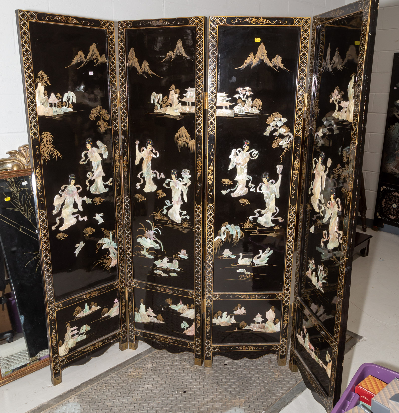 Appraisal: ASIAN STYLE FOUR-PANEL SCREEN Approximately in H each panel in