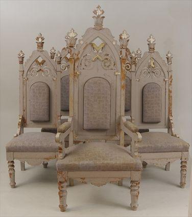 Appraisal: Five Gothic Revival Carved and Incised Oak Chairs With later