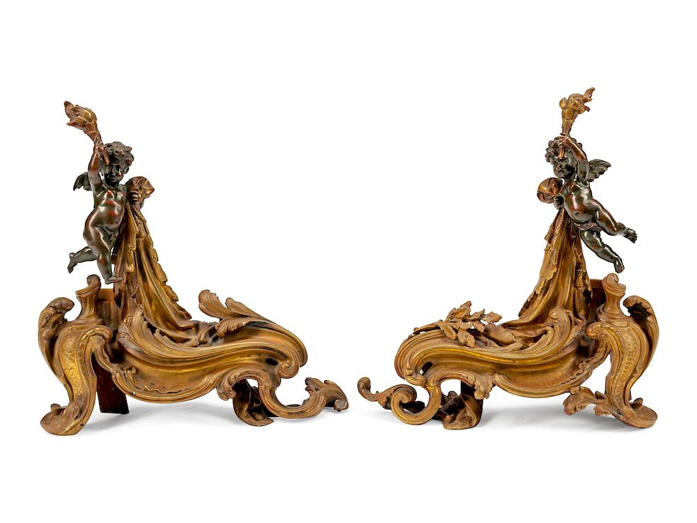 Appraisal: A Pair of Louis XV Style Patinated Bronze Chenets A