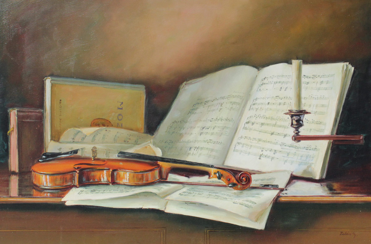 Appraisal: TAKACS Gyorgy Hungarian - Still Life with Violin and Musical