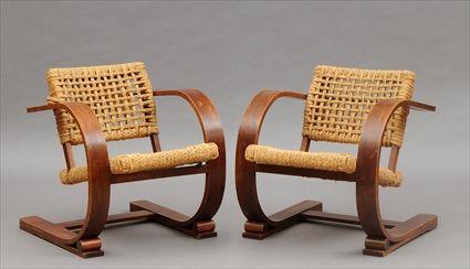 Appraisal: Pair of Art Deco Bent Laminated Wood Armchairs with Rope