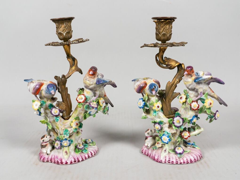 Appraisal: Pair of Chelsea style porcelain and gilt metal candlesticks with