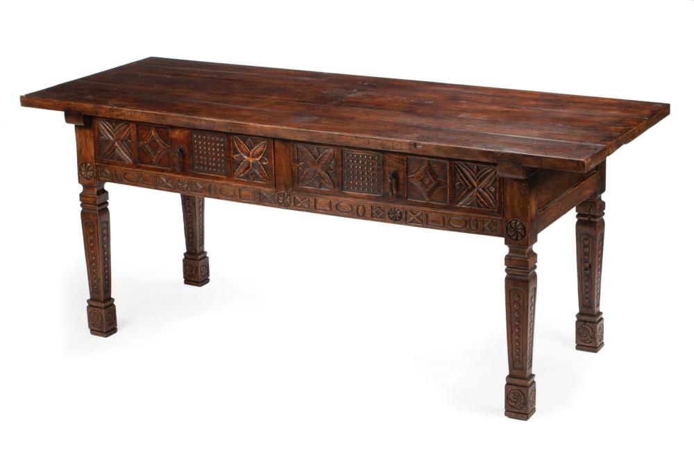 Appraisal: Spanish Renaissance-Style Library Hall Table plank top two drawers tapered