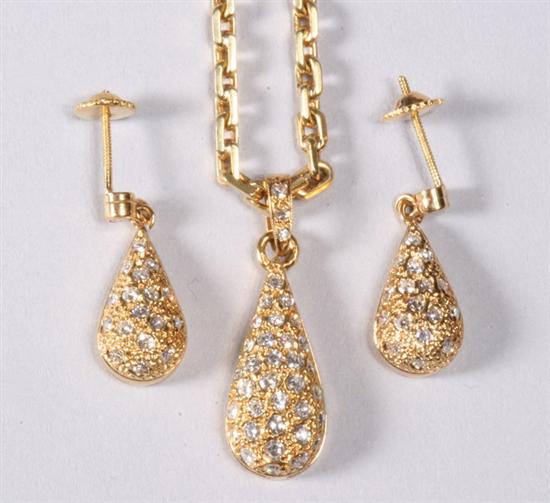 Appraisal: K YELLOW GOLD AND DIAMOND PENDANT WITH PAIR MATCHING EARRINGS