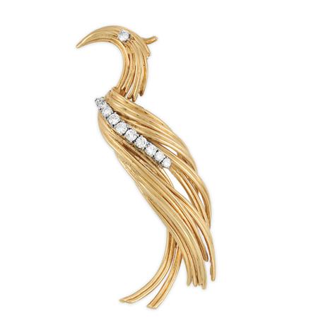 Appraisal: Gold and Diamond Bird Clip-Brooch Gubelin Estimate -