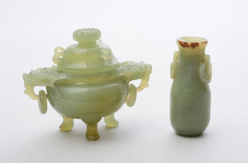 Appraisal: TWO CHINESE CARVED NEPHRITE ARTICLES Comprising a censer and cover