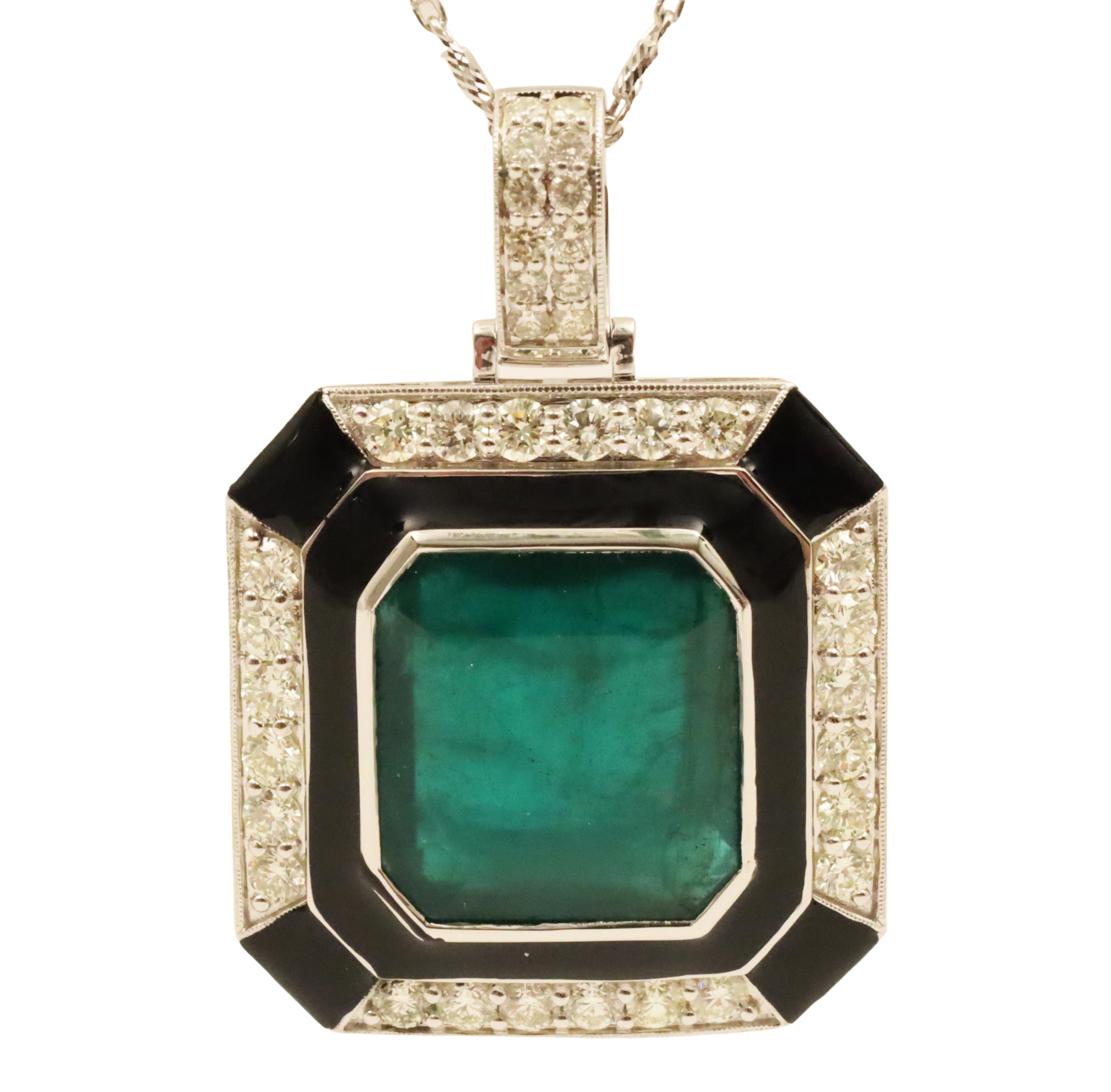 Appraisal: K white gold emerald and diamond pendant with gold chain