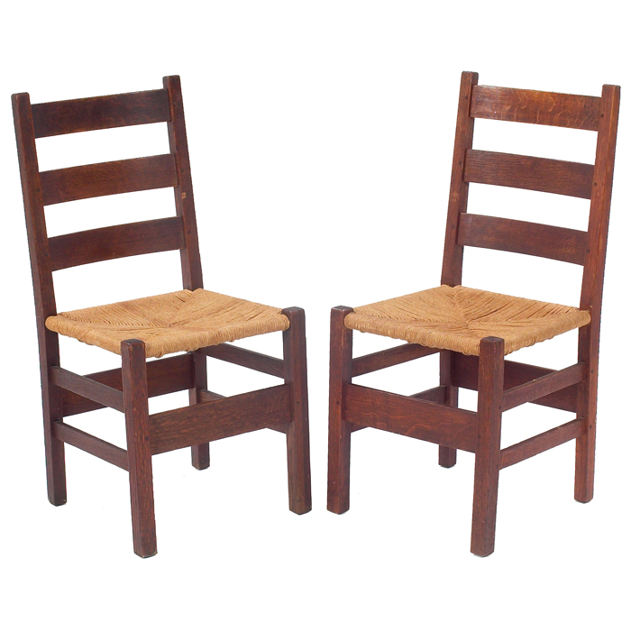 Appraisal: Gustav Stickley side chairs pair three-rung ladder-back form over a