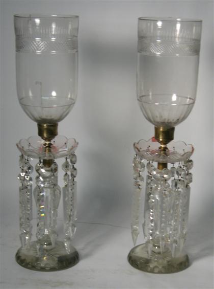 Appraisal: Pair of clear crystal lusters with etched hurricane shades th