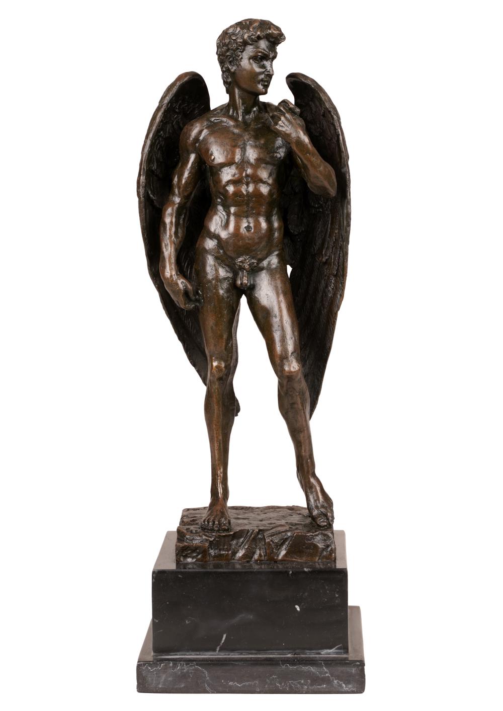 Appraisal: AFTER MICHELANGELO WINGED DAVIDpatinated bronze mounted to stone base inscribed