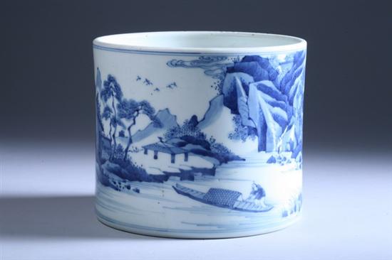 Appraisal: CHINESE BLUE AND WHITE PORCELAIN BRUSH HOLDER With riverscape decoration