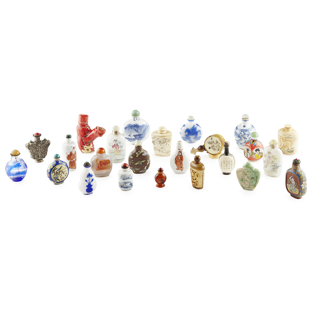 Appraisal: YCOLLECTION OF TWENTY-FIVE SNUFF BOTTLES comprising three inside-painted glass samples