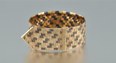 Appraisal: English K Multi-Color Gold Buckle Design Bracelet Textured design articulated