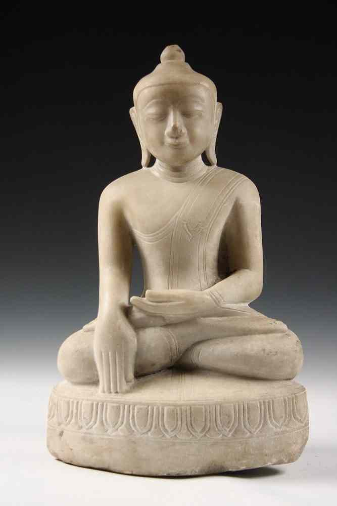 Appraisal: ANCIENT STONE BUDDHA - Very Early White Marble Seated Buddha