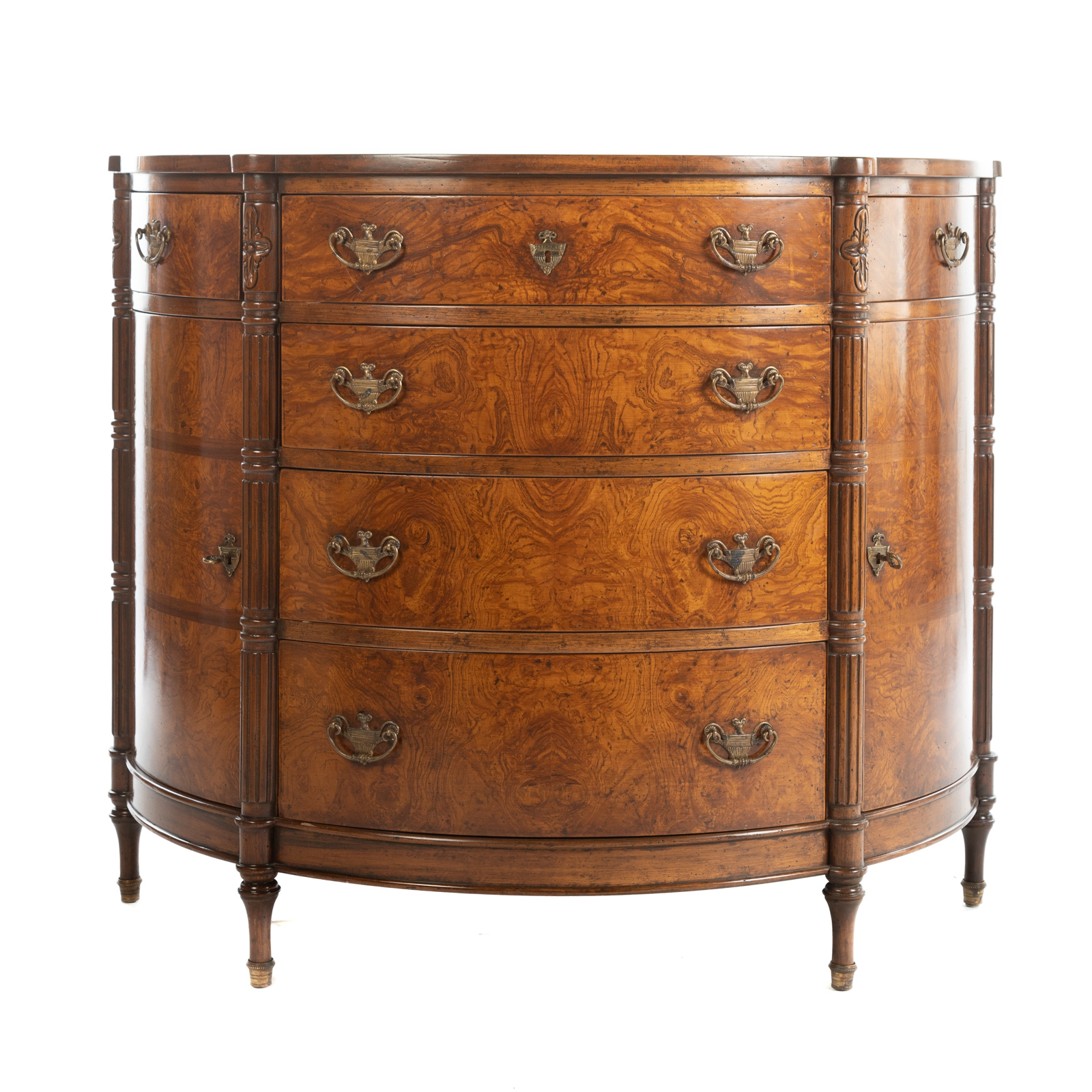 Appraisal: CONTINENTAL STYLE BURLED INLAID DEMILUNE CABINET th century burled and