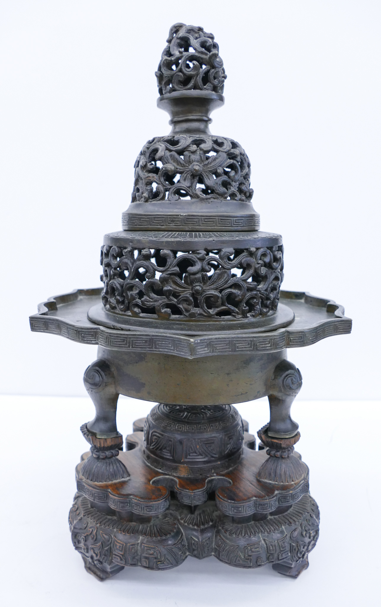 Appraisal: Chinese Qing Bronze Tripod Censer on Stand ''x '' Impressive