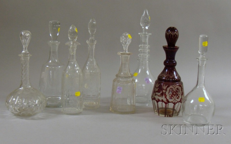 Appraisal: Eight Art Glass Decanters a Bohemian etched ruby flash a