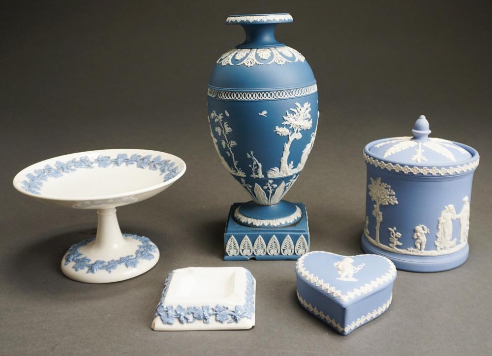 Appraisal: Five Assorted Blue Jasperware Decorated Porcelain Table Articles Including Wedgwood