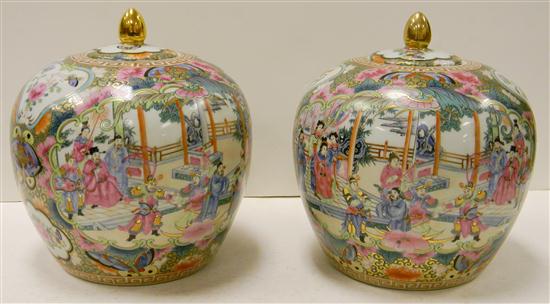 Appraisal: Pair of th C famille rose ginger jars with genre