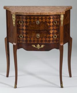 Appraisal: Petite parquetry inlaid marble top side chest Early th century