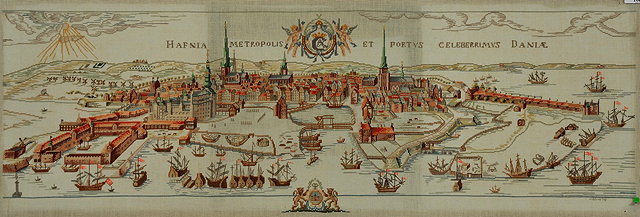 Appraisal: A NEEDLEWORK PICTURE depicting Copenhagen harbour dated within a moulded